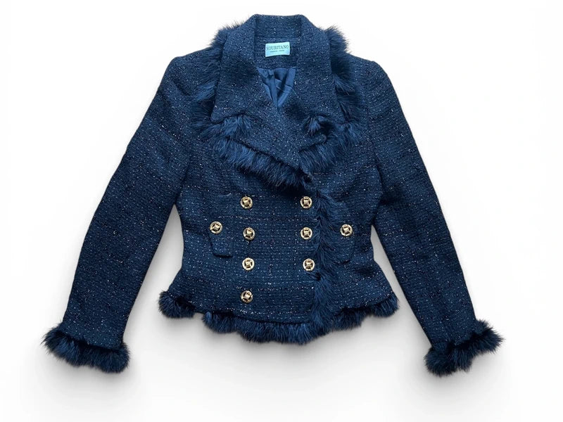 Giacca tweed lana nera con bottoni oro e piume