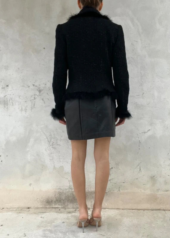 Giacca tweed lana nera con bottoni oro e piume