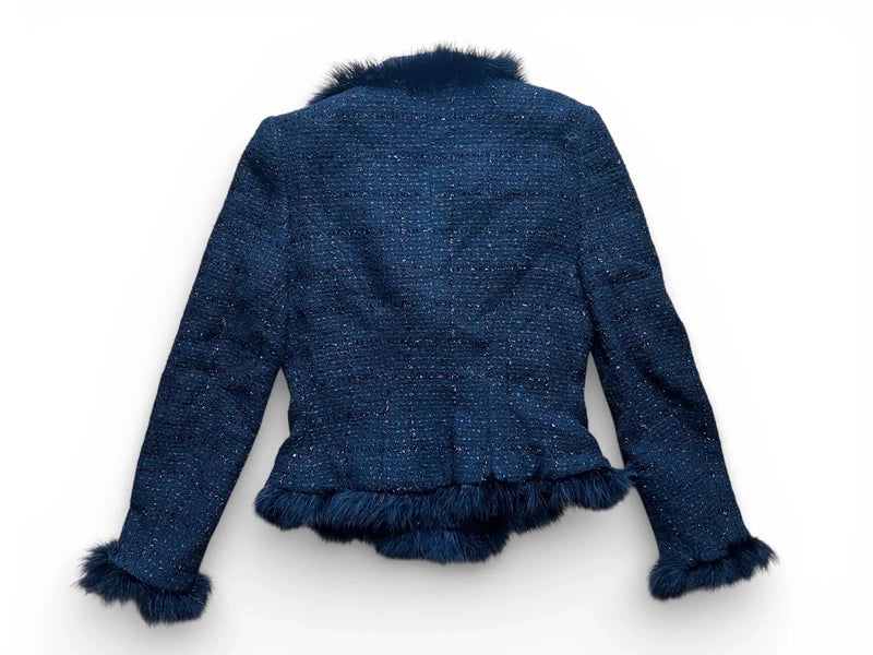 Giacca tweed lana nera con bottoni oro e piume