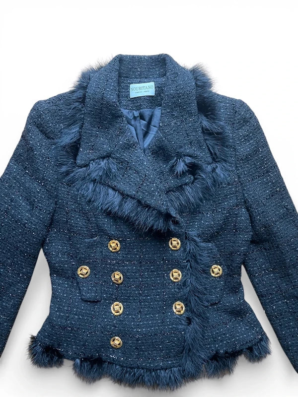 Giacca tweed lana nera con bottoni oro e piume