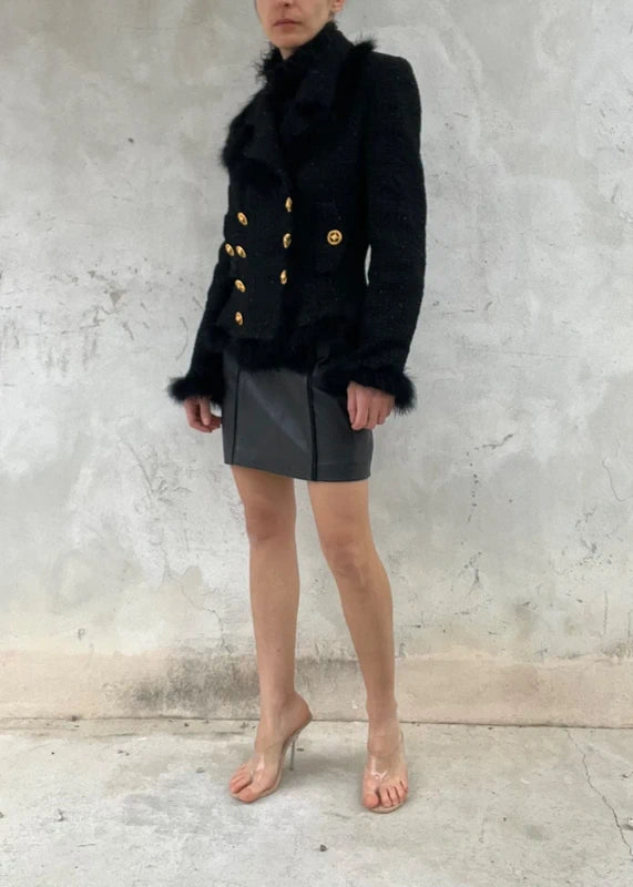 Giacca tweed lana nera con bottoni oro e piume