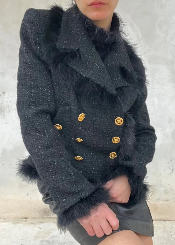 Giacca tweed lana nera con bottoni oro e piume