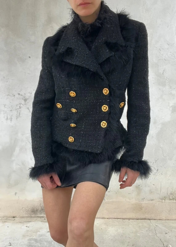 Giacca tweed lana nera con bottoni oro e piume