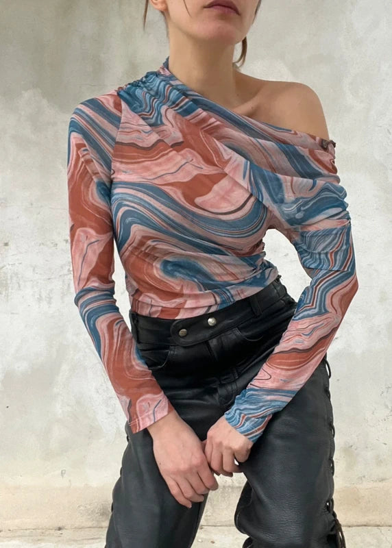 Top asimmetrico in mesh tulle stampato