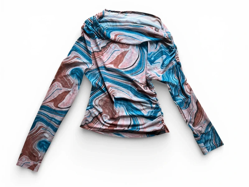 Top asimmetrico in mesh tulle stampato