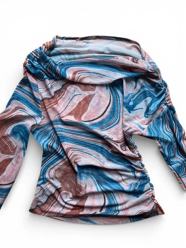 Top asimmetrico in mesh tulle stampato