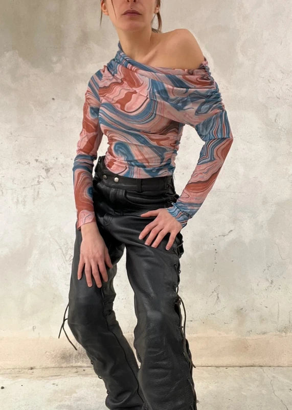 Top asimmetrico in mesh tulle stampato