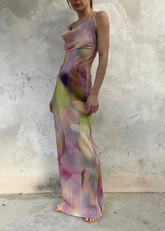 Abito lungo fantasia astratta effetto plissé