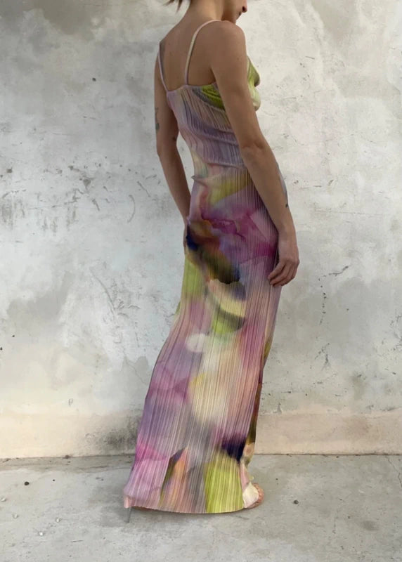 Abito lungo fantasia astratta effetto plissé