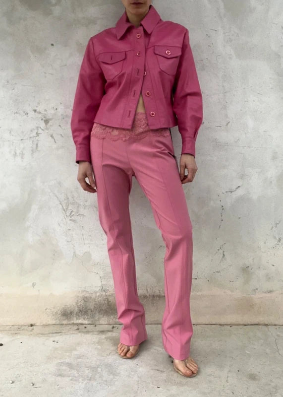 Pantaloni Blumarine rosa con baschina in pizzo
