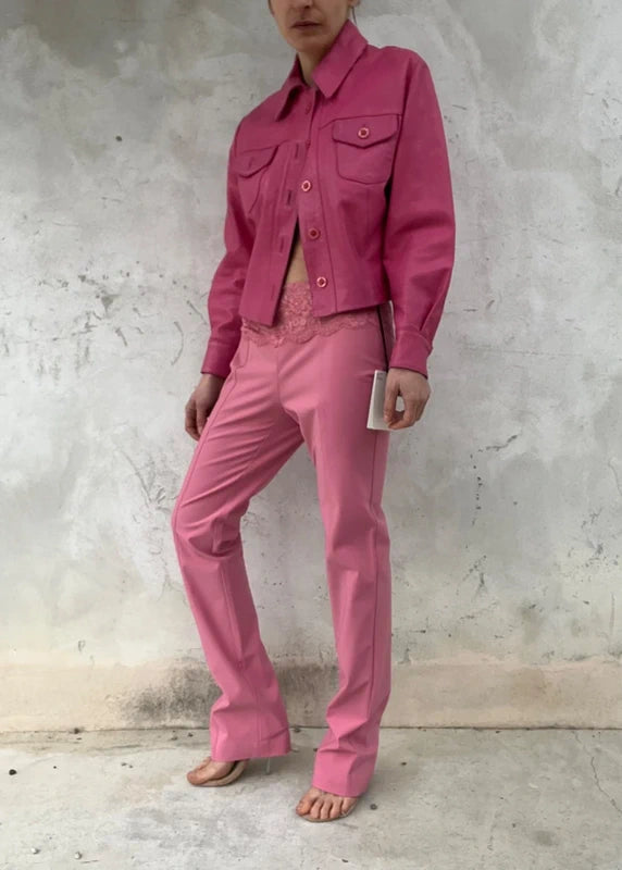 Pantaloni Blumarine rosa con baschina in pizzo