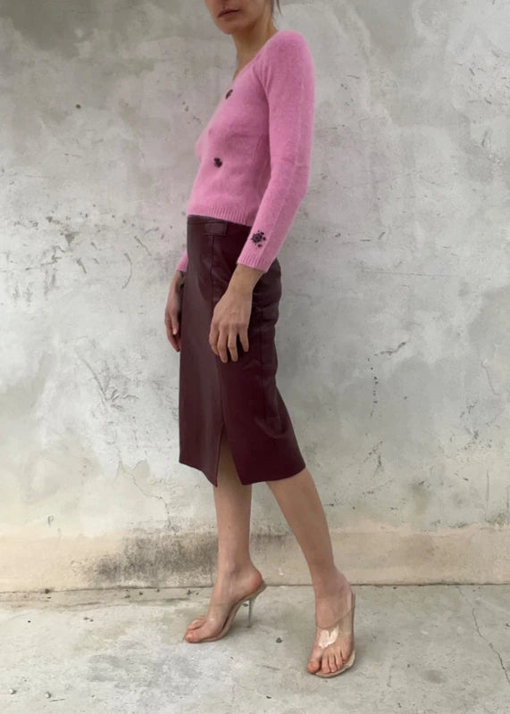 Maglione in misto angora/lana rosa ricamato con perline