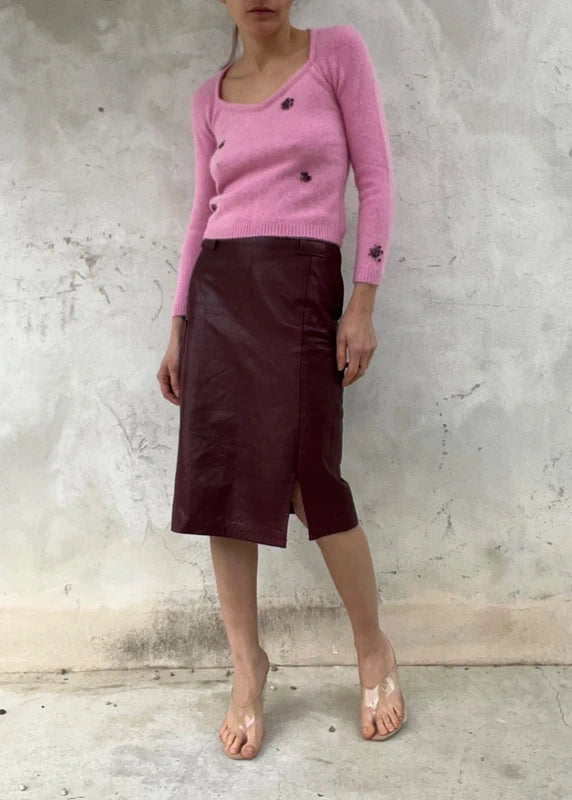 Maglione in misto angora/lana rosa ricamato con perline