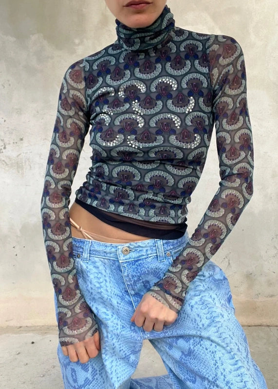Mesh Top manica lunga con cristalli