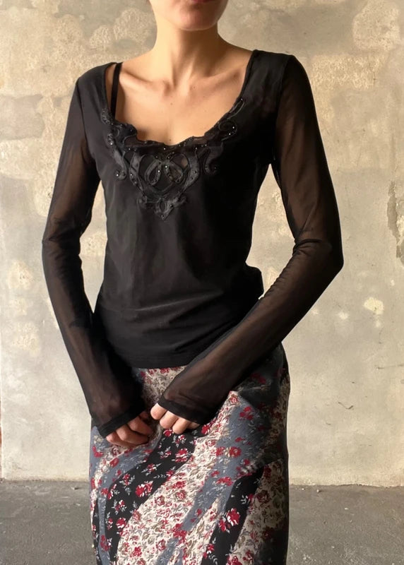 Top Extyn nero in tulle mesh con cristalli