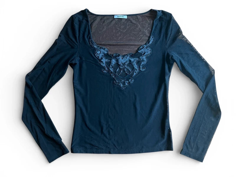 Top Extyn nero in tulle mesh con cristalli