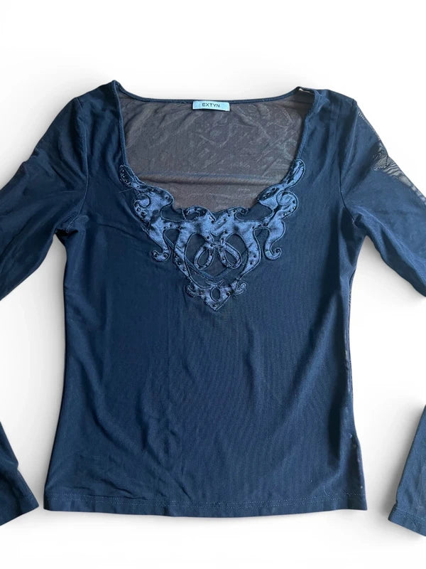 Top Extyn nero in tulle mesh con cristalli