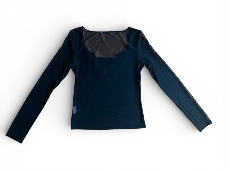 Top Extyn nero in tulle mesh con cristalli