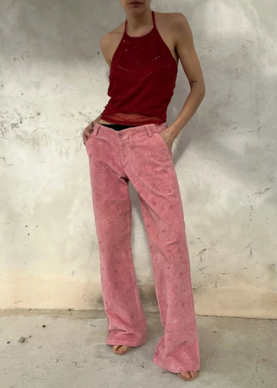 Pantaloni rosa Extyn con ricamo perline