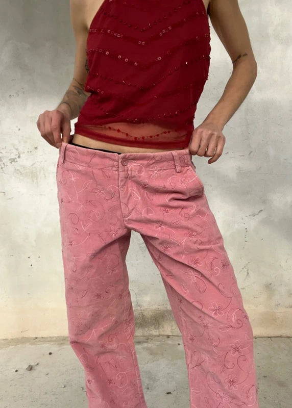 Pantaloni rosa Extyn con ricamo perline