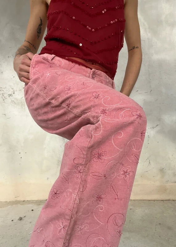 Pantaloni rosa Extyn con ricamo perline