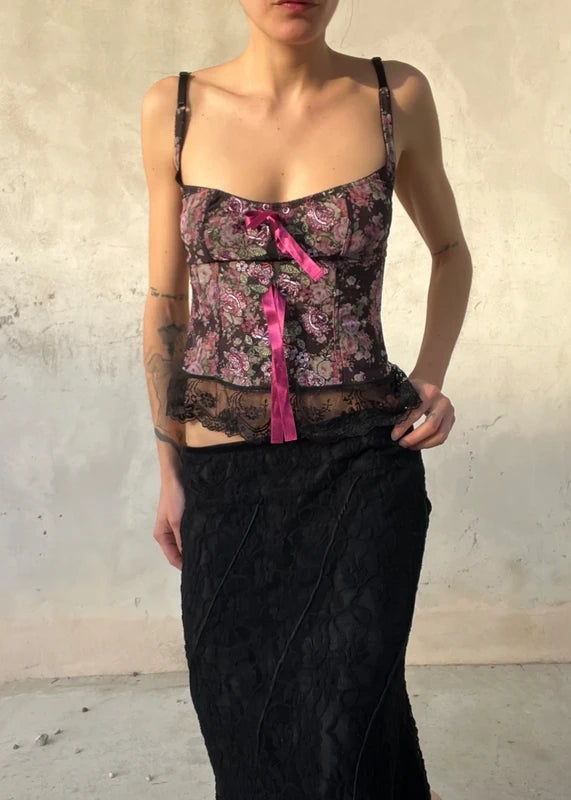 Corpetto vintage con fiocchi raso e stampa fiori con ricamo