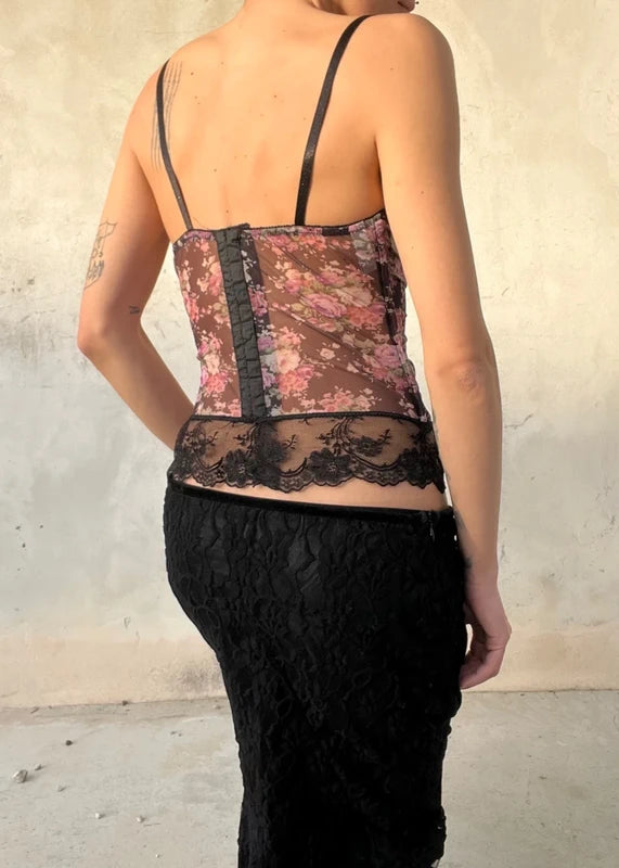 Corpetto vintage con fiocchi raso e stampa fiori con ricamo