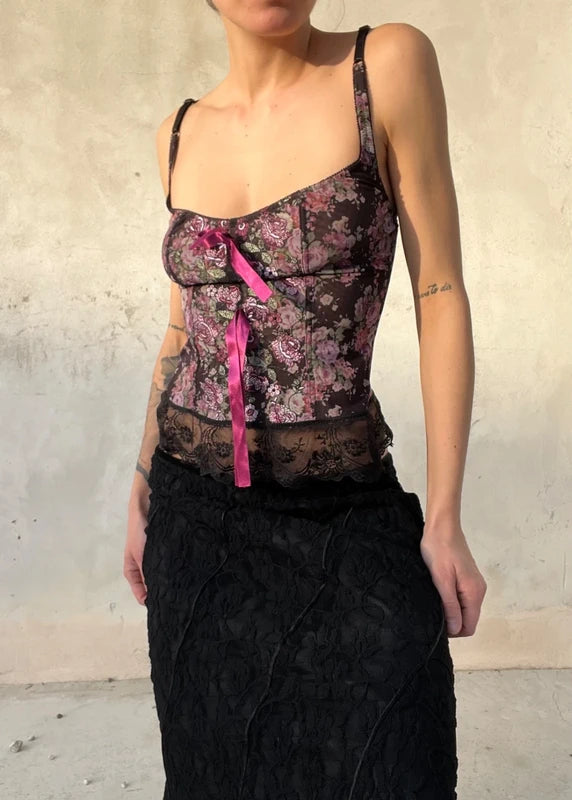 Corpetto vintage con fiocchi raso e stampa fiori con ricamo