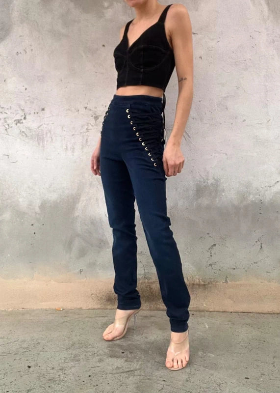 Corsetto crop in denim scuro con lacci