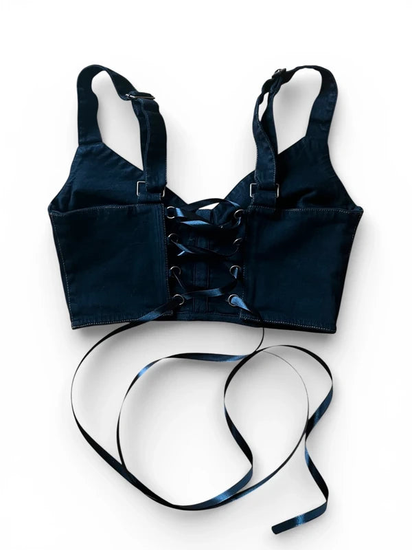Corsetto crop in denim scuro con lacci