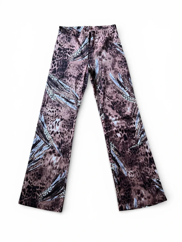 Pantaloni animalier con stampa piume