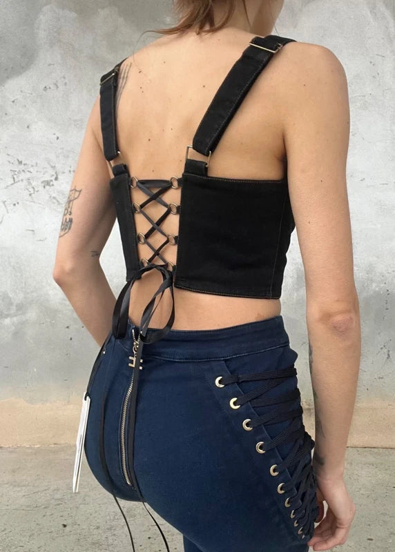 Corsetto crop in denim scuro con lacci