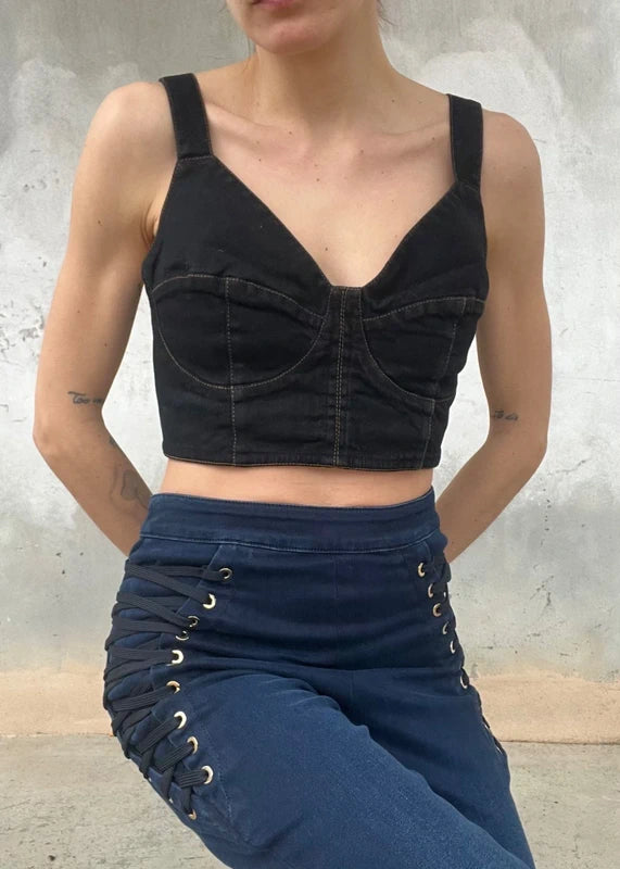 Corsetto crop in denim scuro con lacci