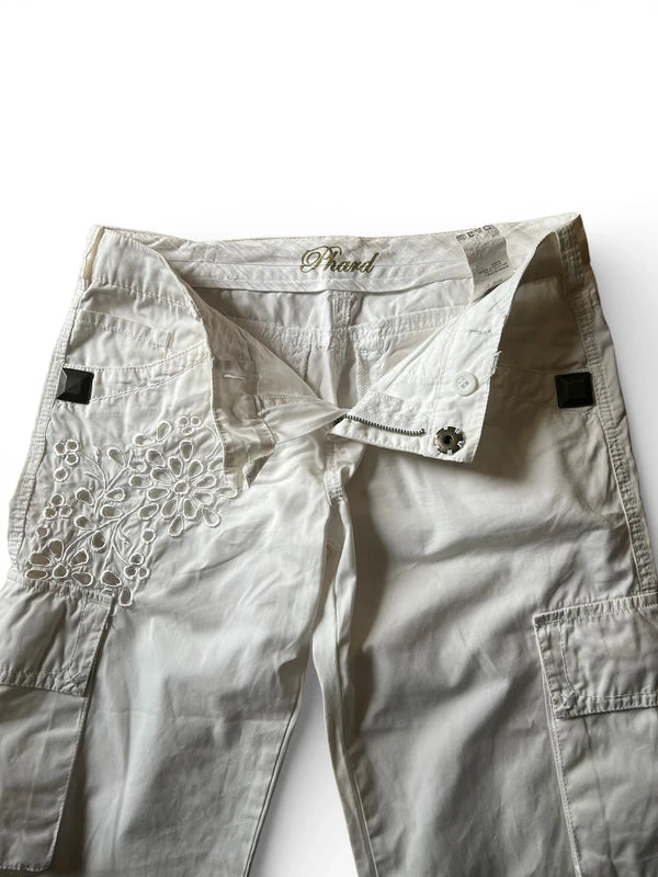Pantalone cargo bianco con intarsi pizzo sangallo