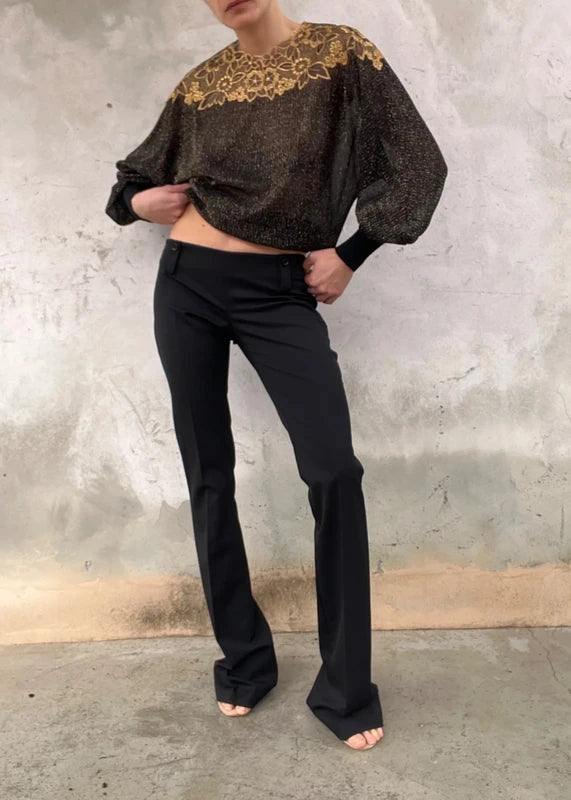 Pantaloni vita bassissima in misto lana neri