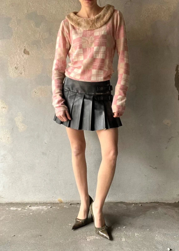 Maglione a quadri rosa con bordo pelliccia sintetica