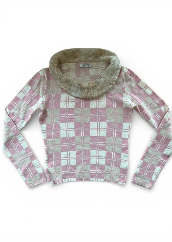 Maglione a quadri rosa con bordo pelliccia sintetica
