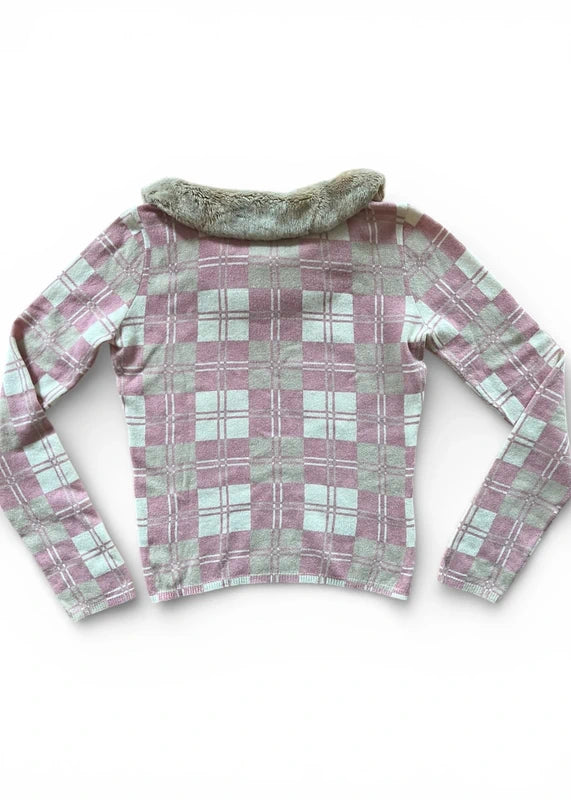 Maglione a quadri rosa con bordo pelliccia sintetica