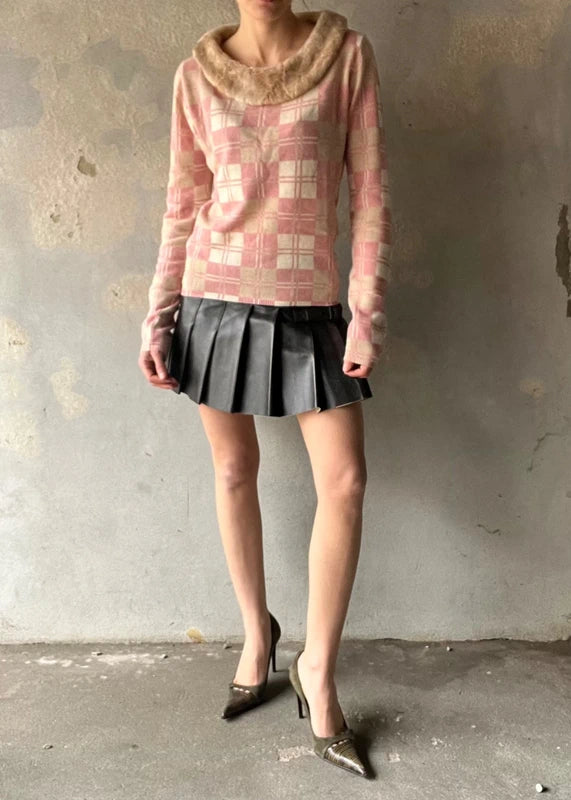 Maglione a quadri rosa con bordo pelliccia sintetica
