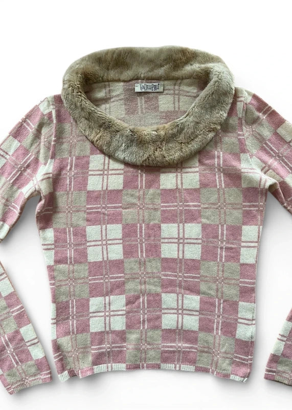 Maglione a quadri rosa con bordo pelliccia sintetica