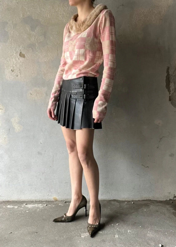 Maglione a quadri rosa con bordo pelliccia sintetica
