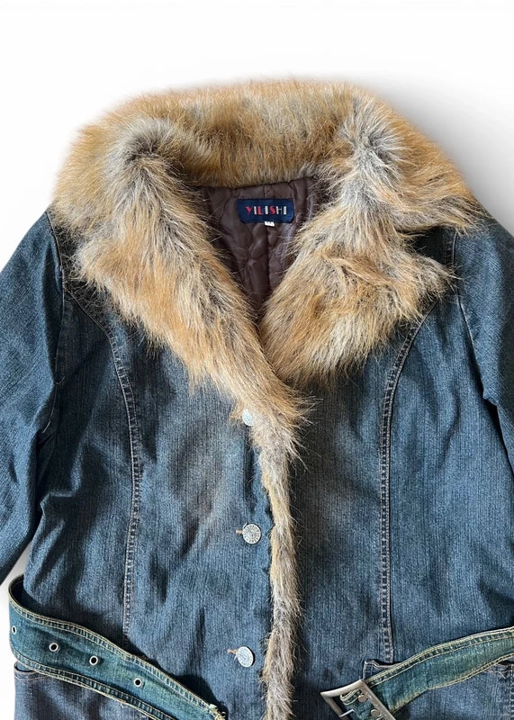 Giacca denim wash sabbia con pelliccia sintetica