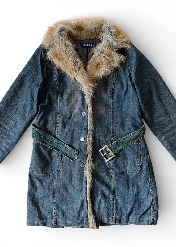 Giacca denim wash sabbia con pelliccia sintetica
