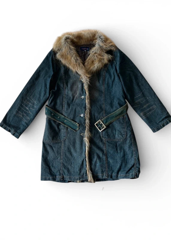 Giacca denim wash sabbia con pelliccia sintetica
