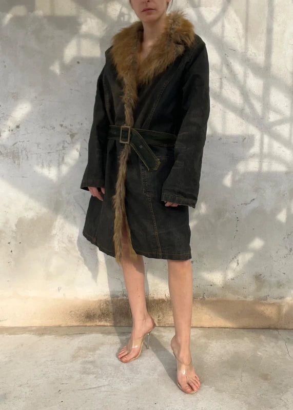 Giacca denim wash sabbia con pelliccia sintetica