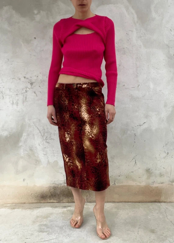 Gonna midi leopardata bordeaux