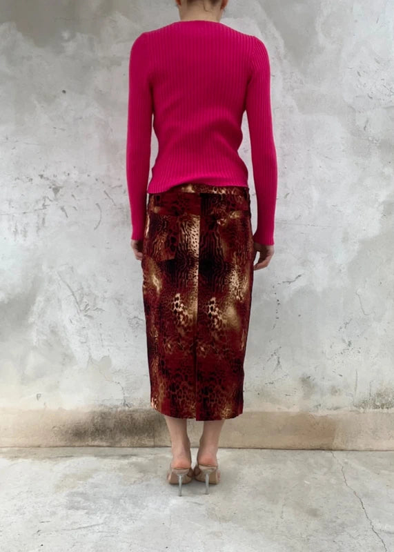 Gonna midi leopardata bordeaux