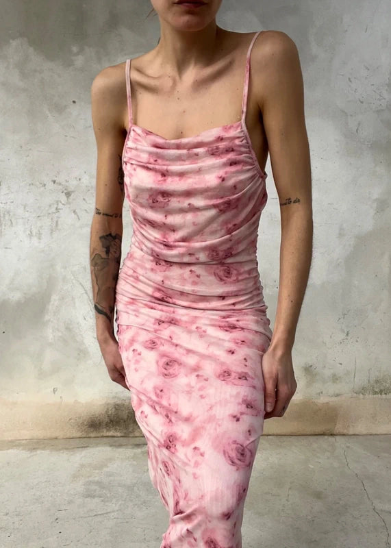 Abito lungo rosa drappeggiato