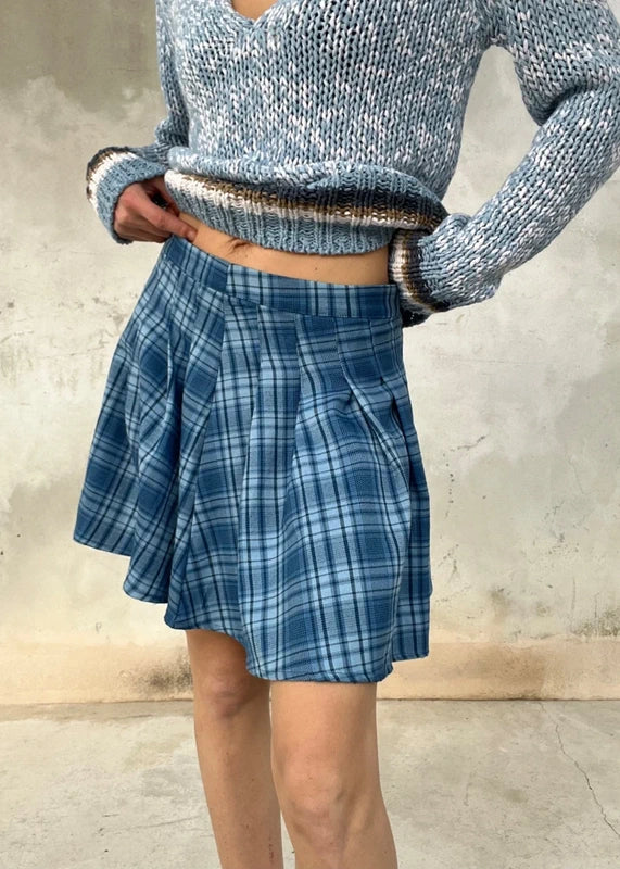 Minigonna a pieghe check azzurro-blu