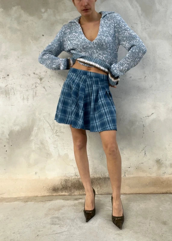 Minigonna a pieghe check azzurro-blu